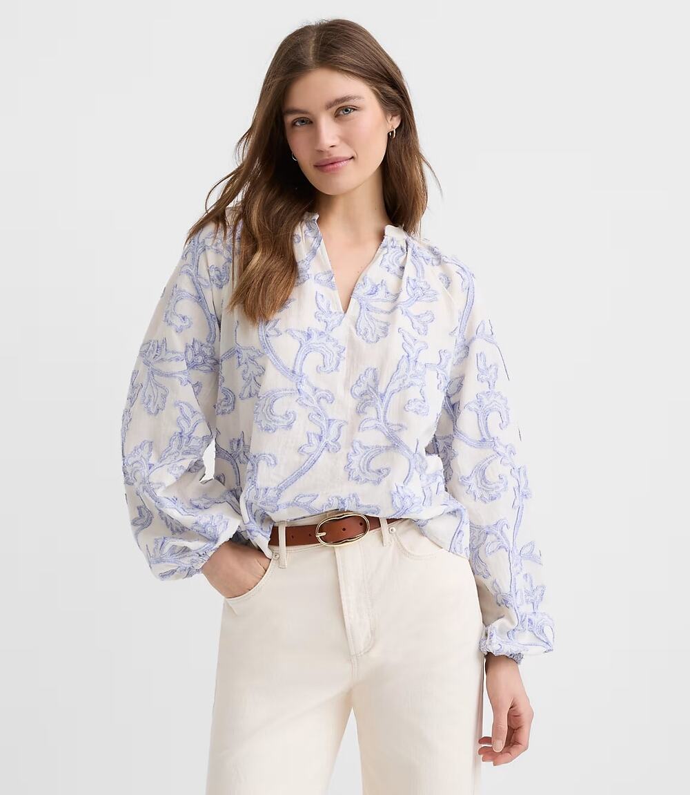 Loft NWOT Women's Blue Paisley Jacquard Split Neck Blouse Size L Petite